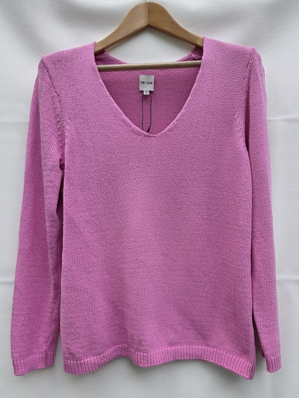 NWT NIC+ZOE Pink Lotus 100% Cotton V-Neck Sweater Women's M MSRP $138